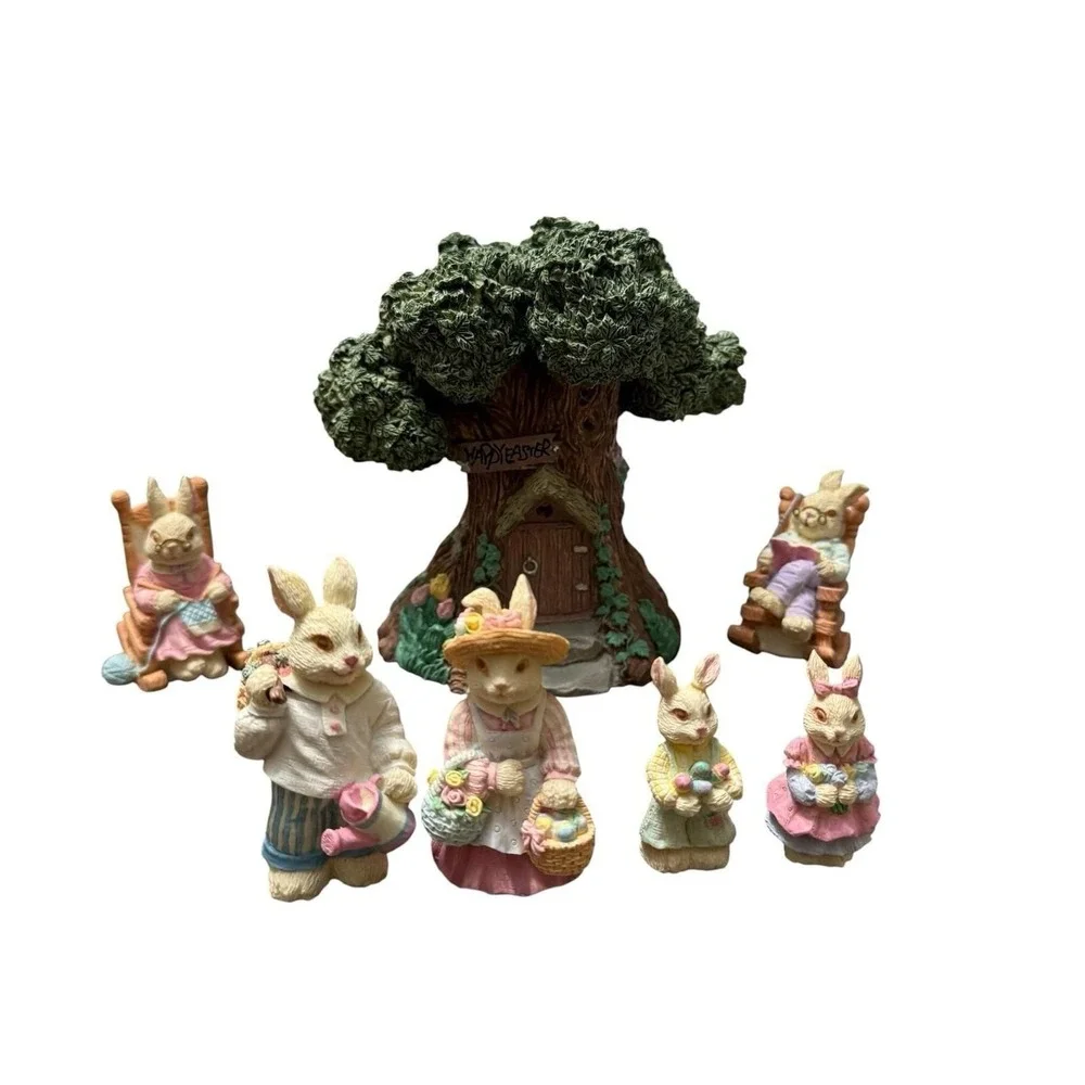 Vintage Easter Village Set 7Pc Bunny &‎ Lighted Tree House Light Works